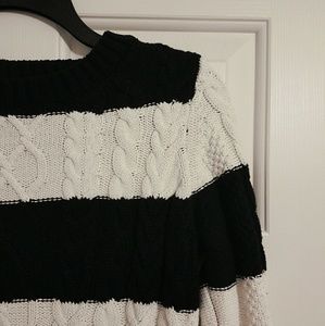 MNG · Black & White Striped Cable Knit Sweater